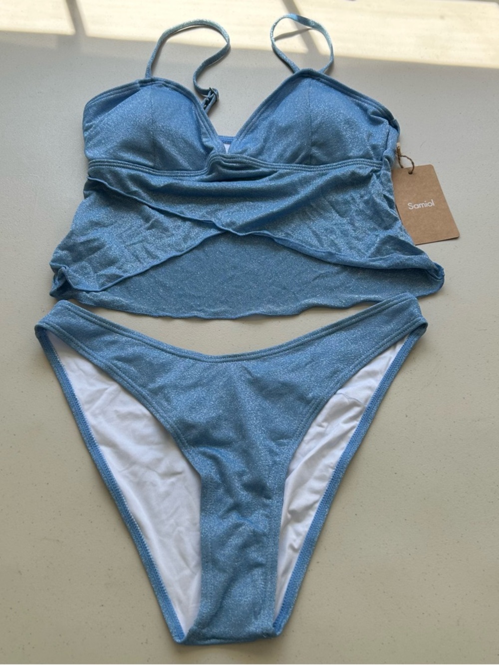 Samiol Tankini Bikini Set Medium Blue Wavy Edge Lurex Swimwear